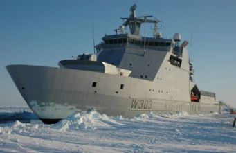 The KV Svalbard, a Norwegian Coast Guard vessel. The Royal Canadian Navy plans to use this model to build half a dozen offshore patrol vessels at $4.3 billion each. Announced in 2007, none have been built, but Canadian Prime Minister Harper revealed in September 2014 that the first ship will be called the Harry DeWolf - if it is ever constructed.