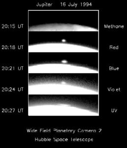 Shoemaker-Levy comet impacting Jupiter. Hubble Space Telescope image.