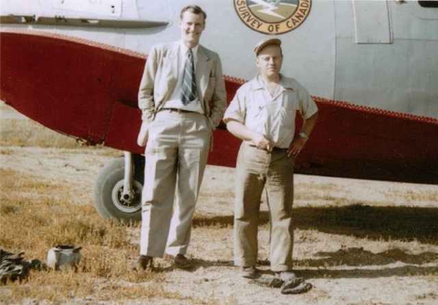 Lawrence Morley, left, with pilot Fred DuVernet in front of the Geological Survey of Canada's aeromag collection plane, around 1952. (Image used with permission of the GSC)