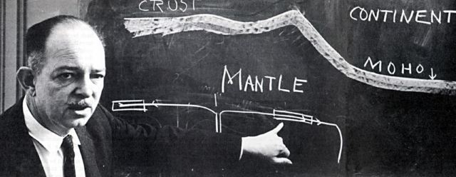 Harry Hess, explaining the ocean crust cycle from spreading rift to subduction, 1968.
